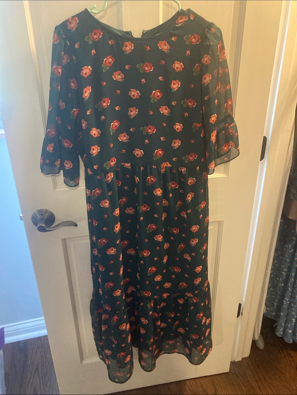 LOFT Green Midi Dress with Red Rose Print